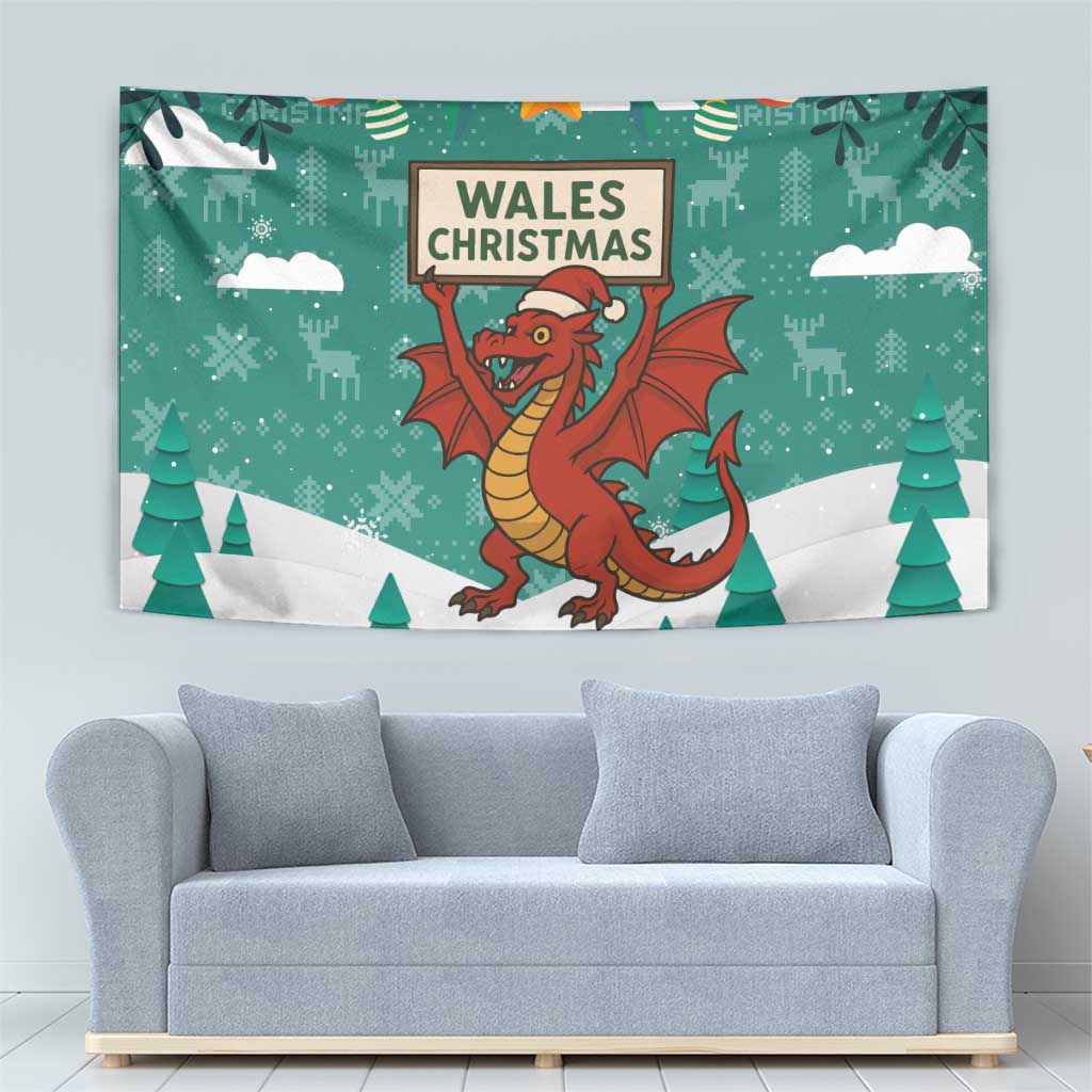 Wales Christmas Tapestry with Red Dragon Santa Sleigh and Festive Green Snowflake - Wonder Print Shop