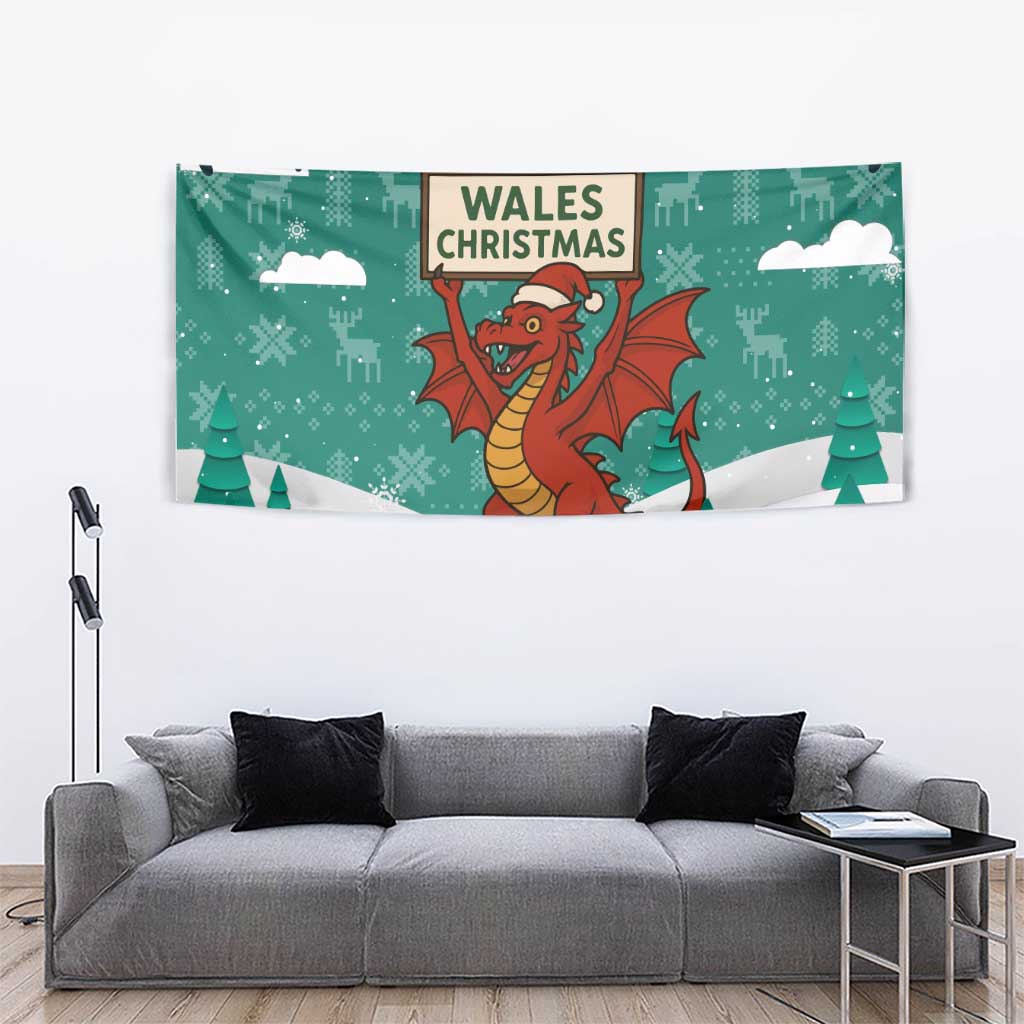 Wales Christmas Tapestry with Red Dragon Santa Sleigh and Festive Green Snowflake - Wonder Print Shop