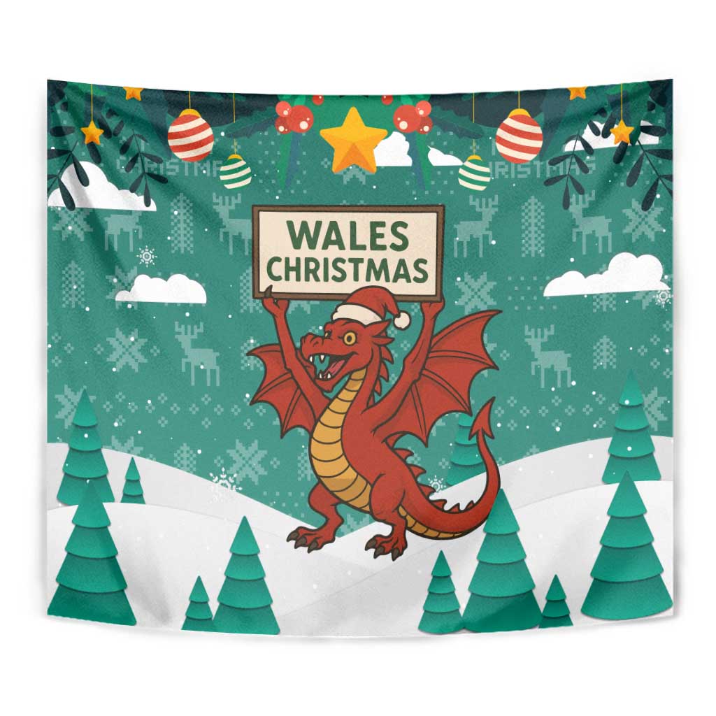 Wales Christmas Tapestry with Red Dragon Santa Sleigh and Festive Green Snowflake - Wonder Print Shop