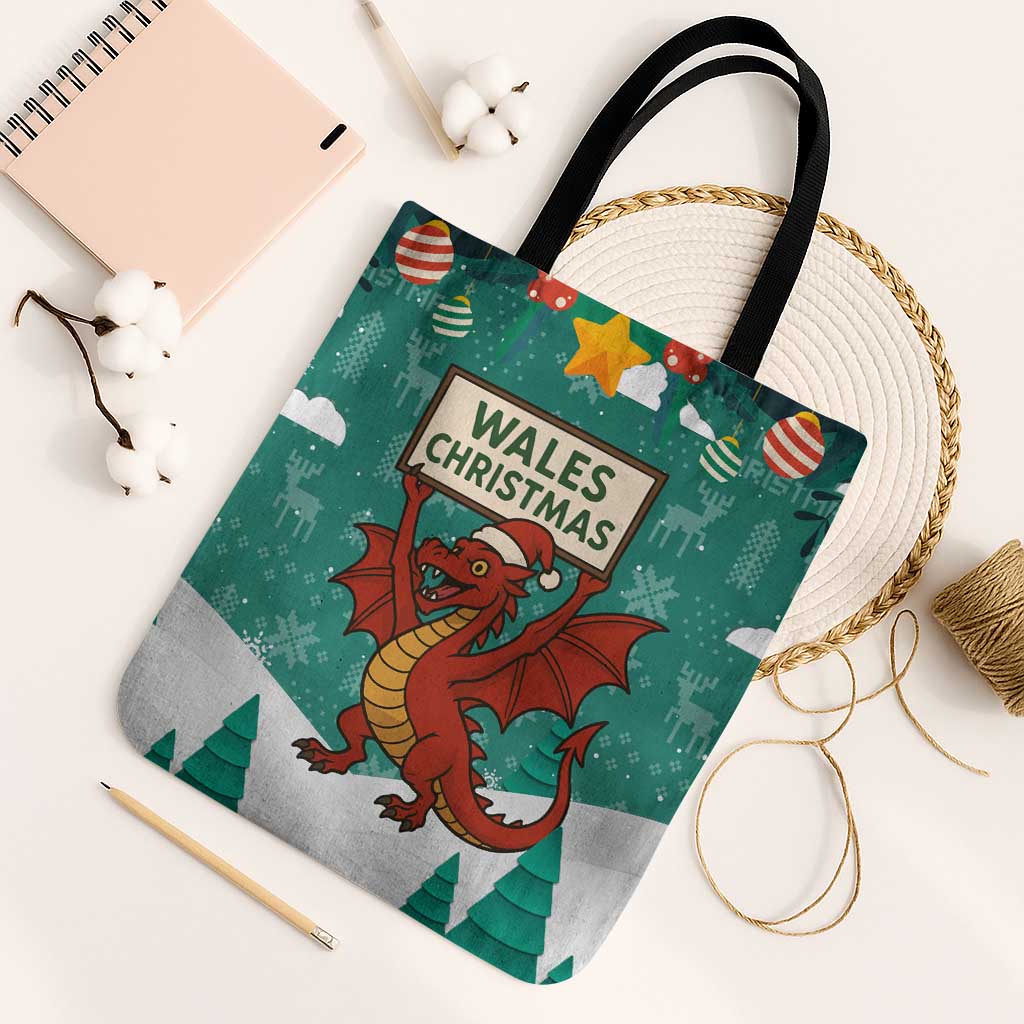 Wales Christmas Tote Bag with Red Dragon Santa Sleigh and Festive Green Snowflake - Wonder Print Shop