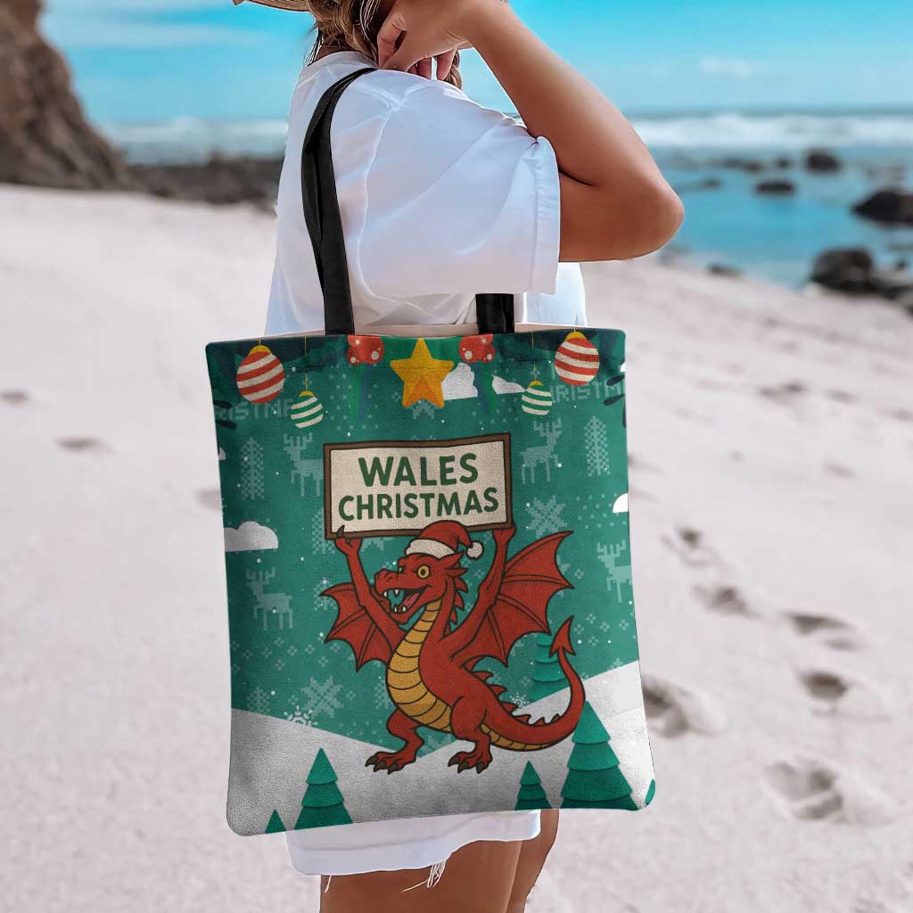 Wales Christmas Tote Bag with Red Dragon Santa Sleigh and Festive Green Snowflake - Wonder Print Shop
