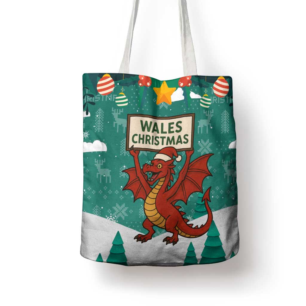 Wales Christmas Tote Bag with Red Dragon Santa Sleigh and Festive Green Snowflake - Wonder Print Shop