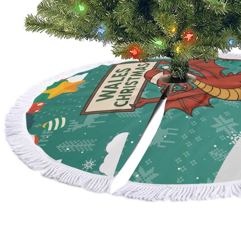 Wales Christmas Tree Skirt with Red Dragon Santa Sleigh and Festive Green Snowflake - Wonder Print Shop