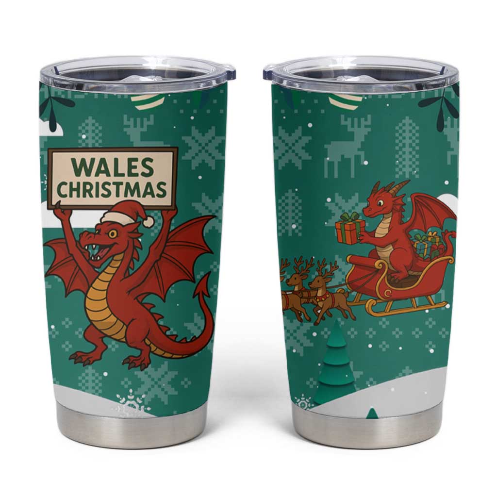 Wales Christmas Tumbler Cup with Red Dragon Santa Sleigh and Festive Green Snowflake - Wonder Print Shop