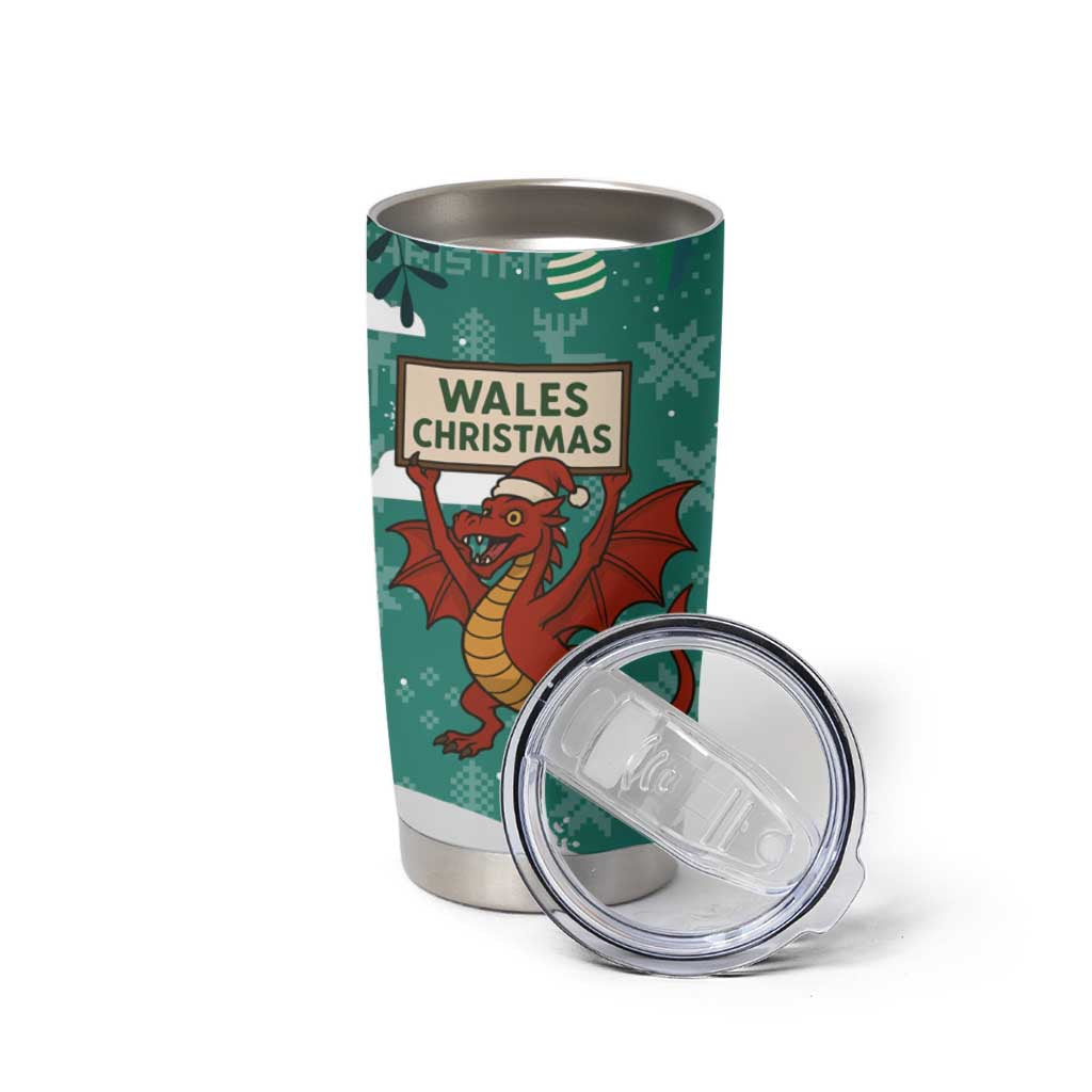 Wales Christmas Tumbler Cup with Red Dragon Santa Sleigh and Festive Green Snowflake - Wonder Print Shop