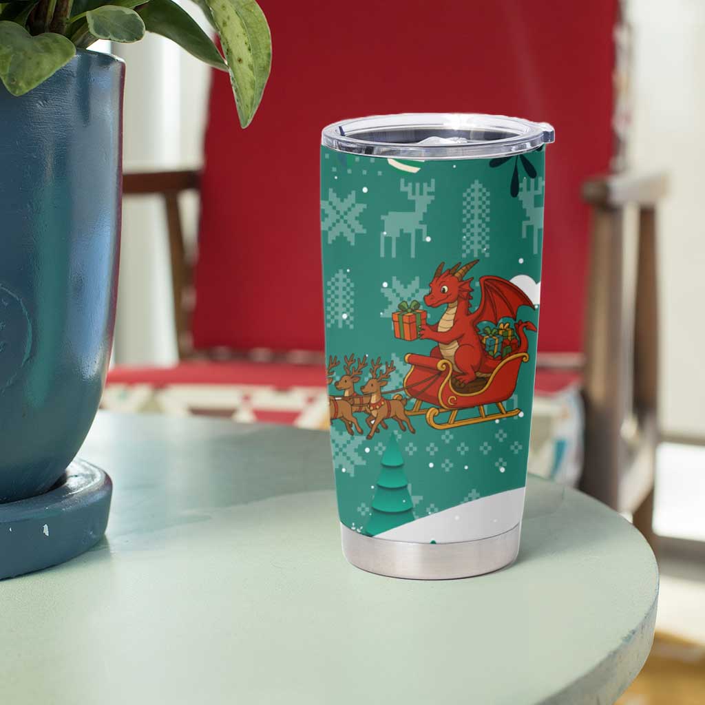 Wales Christmas Tumbler Cup with Red Dragon Santa Sleigh and Festive Green Snowflake - Wonder Print Shop