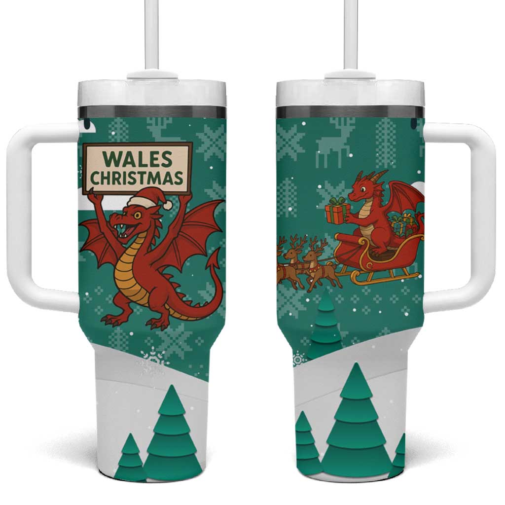 Wales Christmas Tumbler With Handle with Red Dragon Santa Sleigh and Festive Green Snowflake - Wonder Print Shop