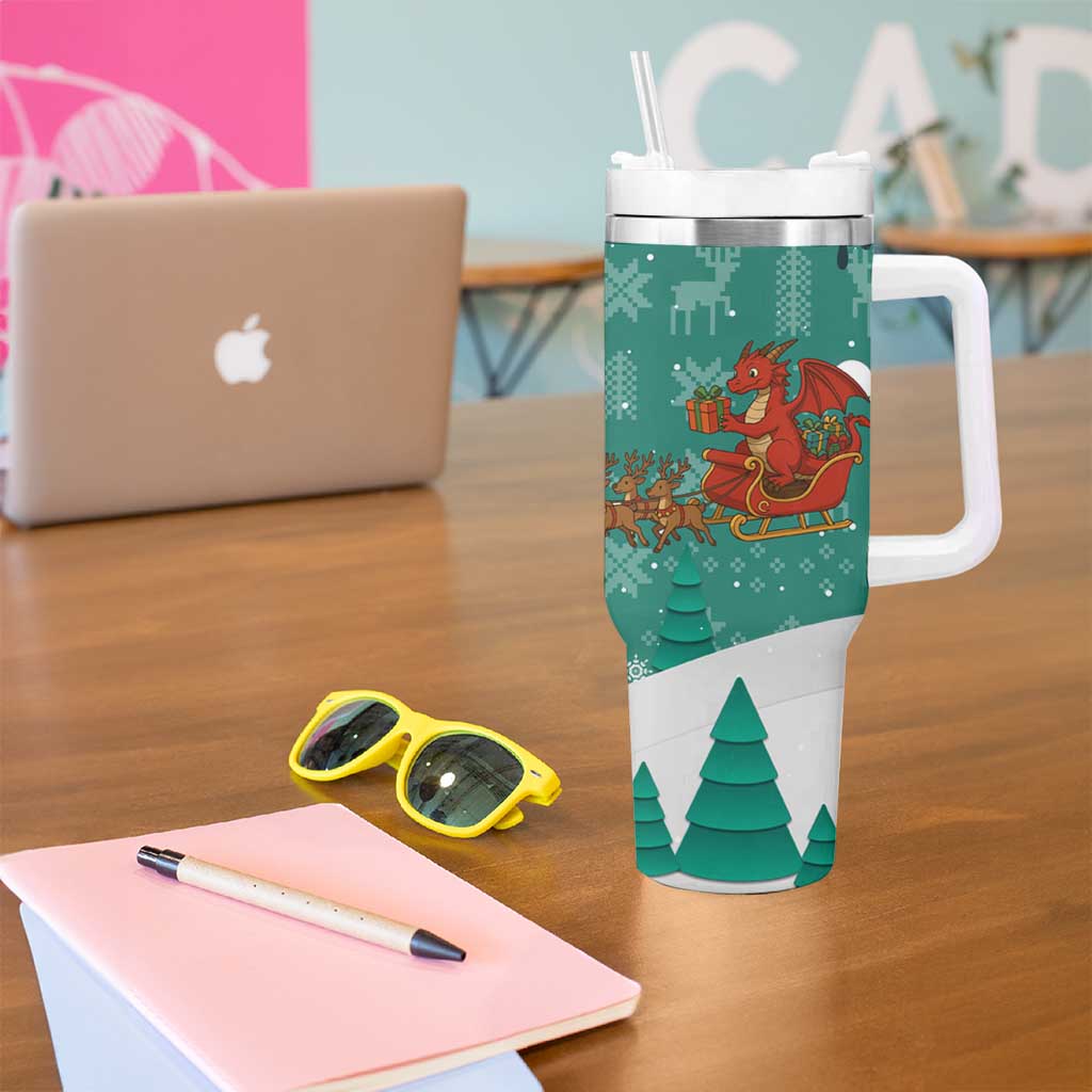 Wales Christmas Tumbler With Handle with Red Dragon Santa Sleigh and Festive Green Snowflake - Wonder Print Shop