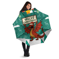 Wales Christmas Umbrella with Red Dragon Santa Sleigh and Festive Green Snowflake - Wonder Print Shop