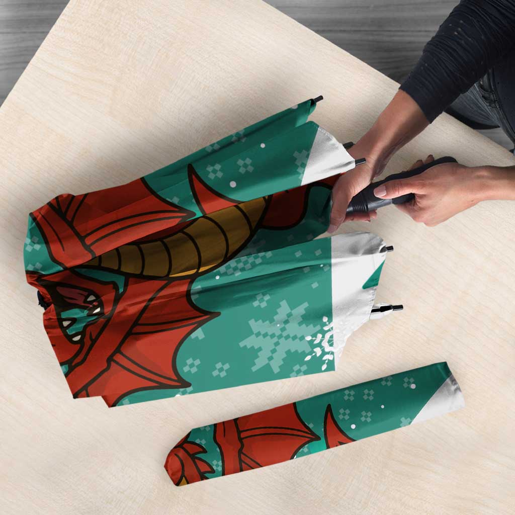 Wales Christmas Umbrella with Red Dragon Santa Sleigh and Festive Green Snowflake - Wonder Print Shop