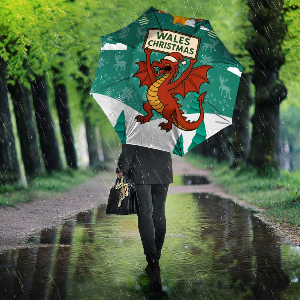 Wales Christmas Umbrella with Red Dragon Santa Sleigh and Festive Green Snowflake - Wonder Print Shop