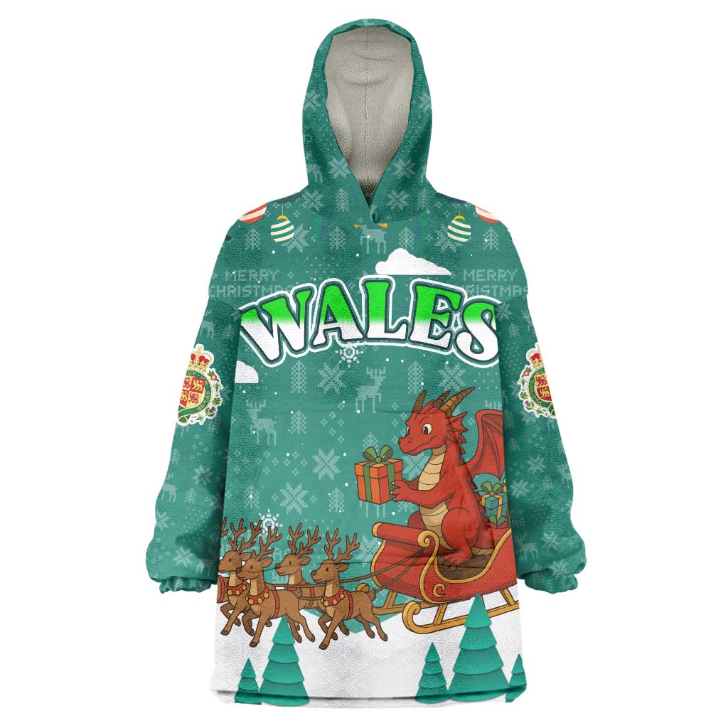Wales Christmas Wearable Blanket Hoodie with Red Dragon Santa Sleigh and Festive Green Snowflake - Wonder Print Shop