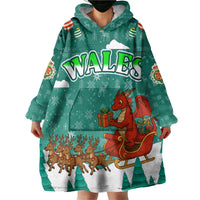Wales Christmas Wearable Blanket Hoodie with Red Dragon Santa Sleigh and Festive Green Snowflake - Wonder Print Shop