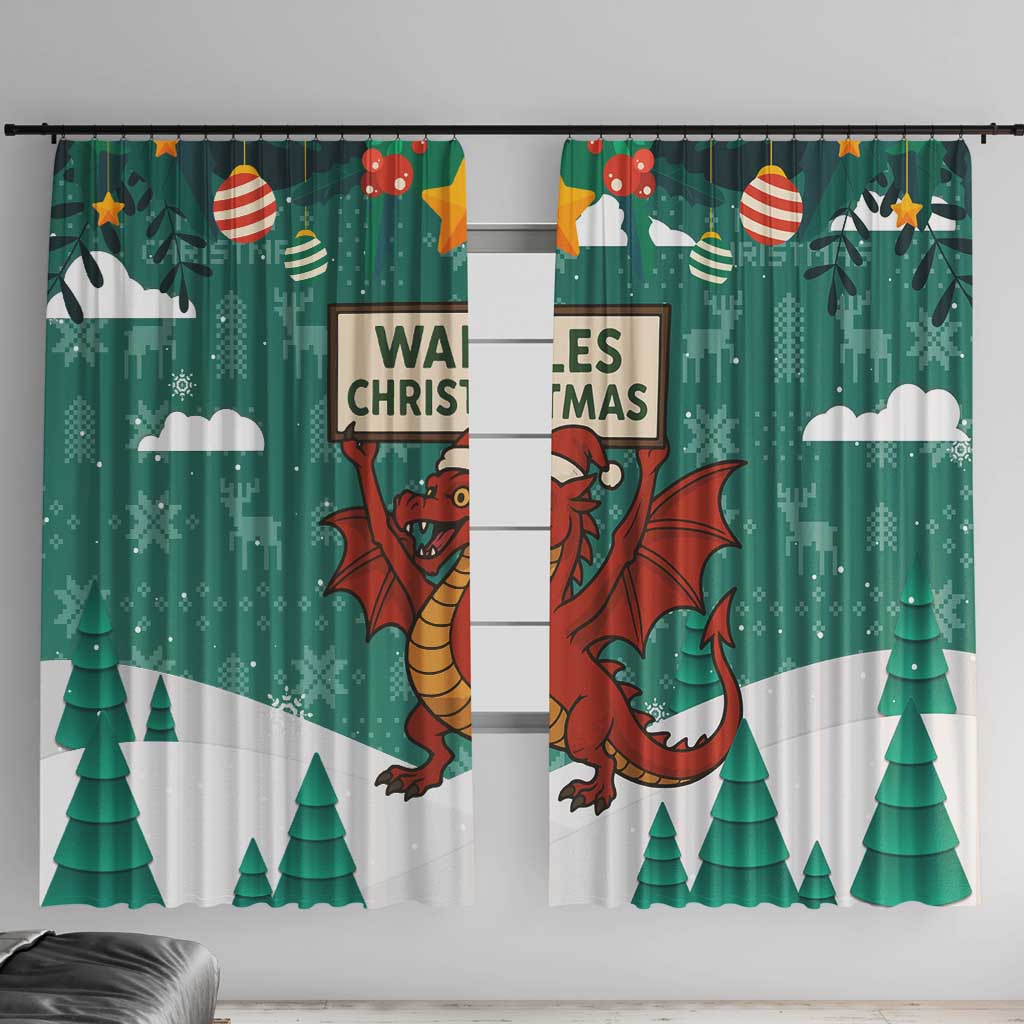 Wales Christmas Window Curtain with Red Dragon Santa Sleigh and Festive Green Snowflake - Wonder Print Shop