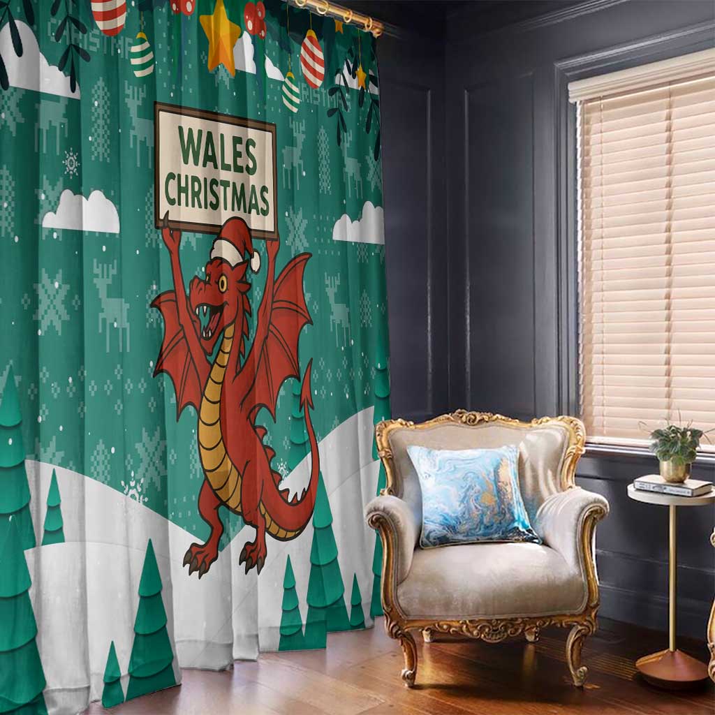 Wales Christmas Window Curtain with Red Dragon Santa Sleigh and Festive Green Snowflake - Wonder Print Shop