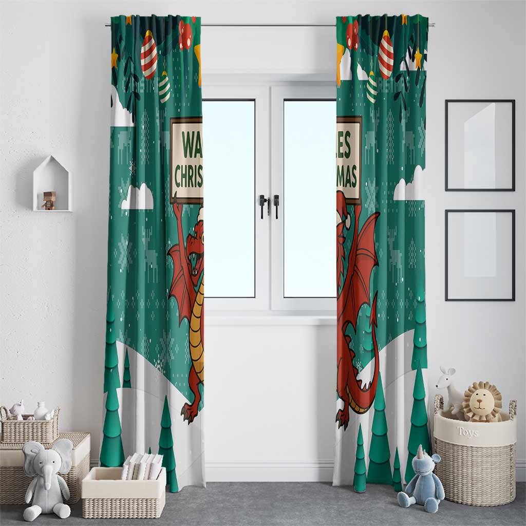 Wales Christmas Window Curtain with Red Dragon Santa Sleigh and Festive Green Snowflake - Wonder Print Shop