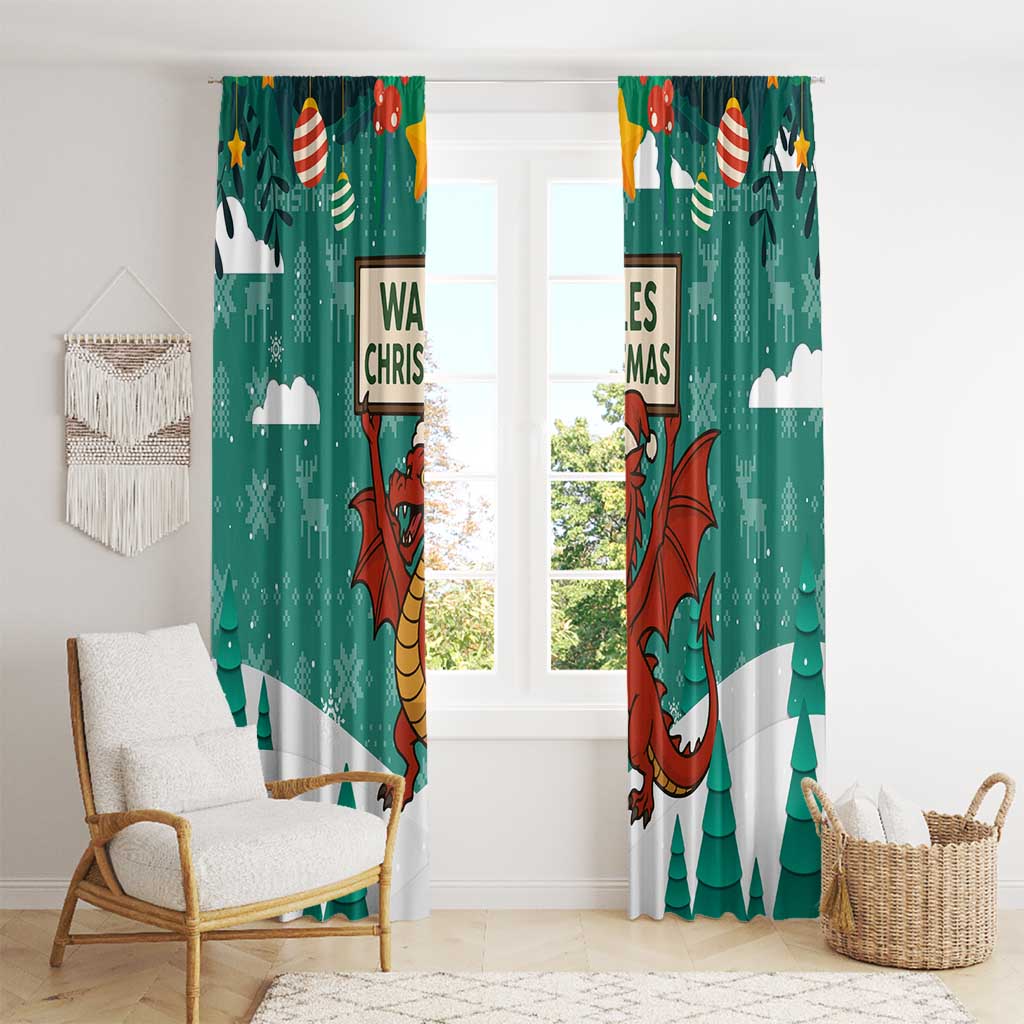Wales Christmas Window Curtain with Red Dragon Santa Sleigh and Festive Green Snowflake - Wonder Print Shop
