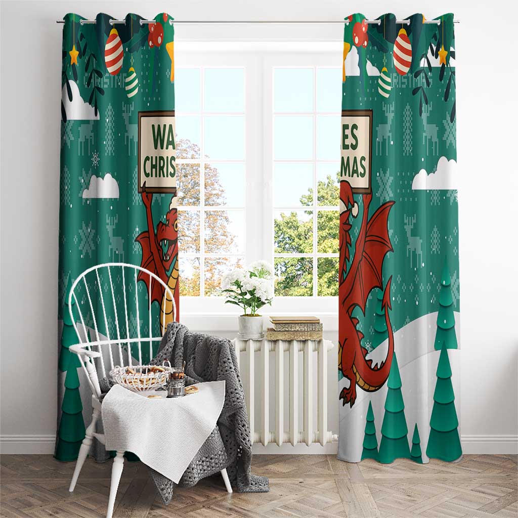 Wales Christmas Window Curtain with Red Dragon Santa Sleigh and Festive Green Snowflake - Wonder Print Shop