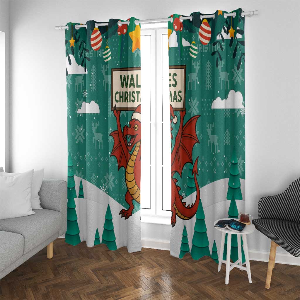 Wales Christmas Window Curtain with Red Dragon Santa Sleigh and Festive Green Snowflake - Wonder Print Shop