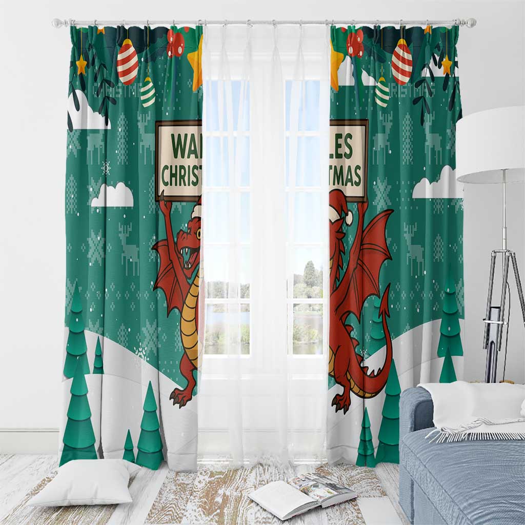 Wales Christmas Window Curtain with Red Dragon Santa Sleigh and Festive Green Snowflake - Wonder Print Shop
