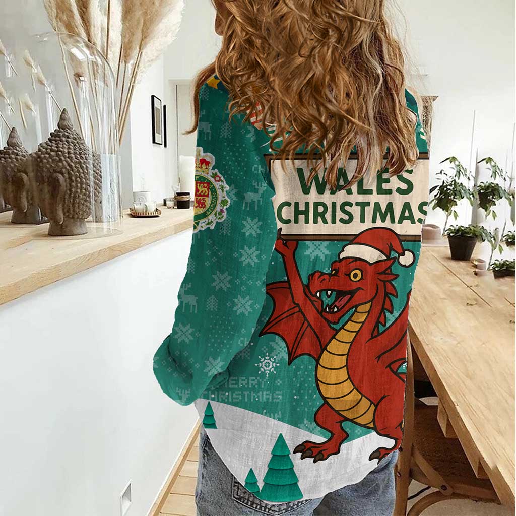 Wales Christmas Women Casual Shirt with Red Dragon Santa Sleigh and Festive Green Snowflake - Wonder Print Shop