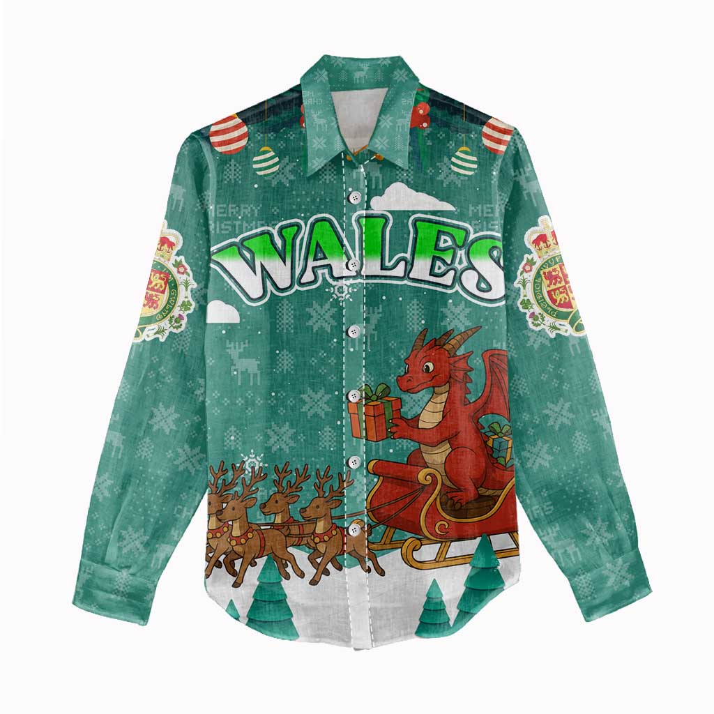 Wales Christmas Women Casual Shirt with Red Dragon Santa Sleigh and Festive Green Snowflake - Wonder Print Shop