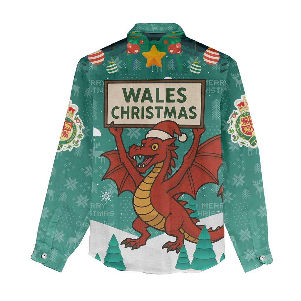 Wales Christmas Women Casual Shirt with Red Dragon Santa Sleigh and Festive Green Snowflake - Wonder Print Shop