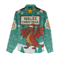 Wales Christmas Women Casual Shirt with Red Dragon Santa Sleigh and Festive Green Snowflake - Wonder Print Shop