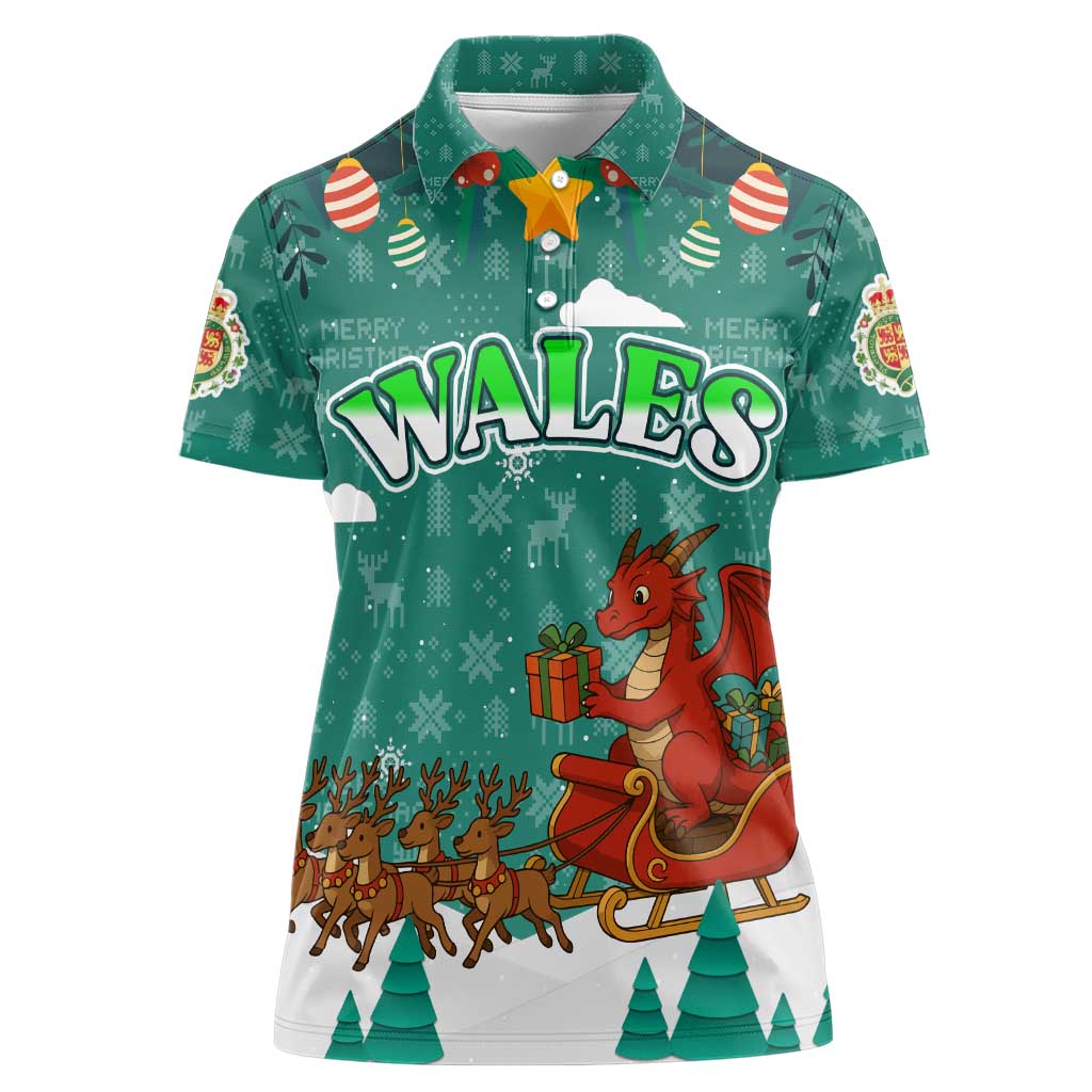 Wales Christmas Women Polo Shirt with Red Dragon Santa Sleigh and Festive Green Snowflake - Wonder Print Shop