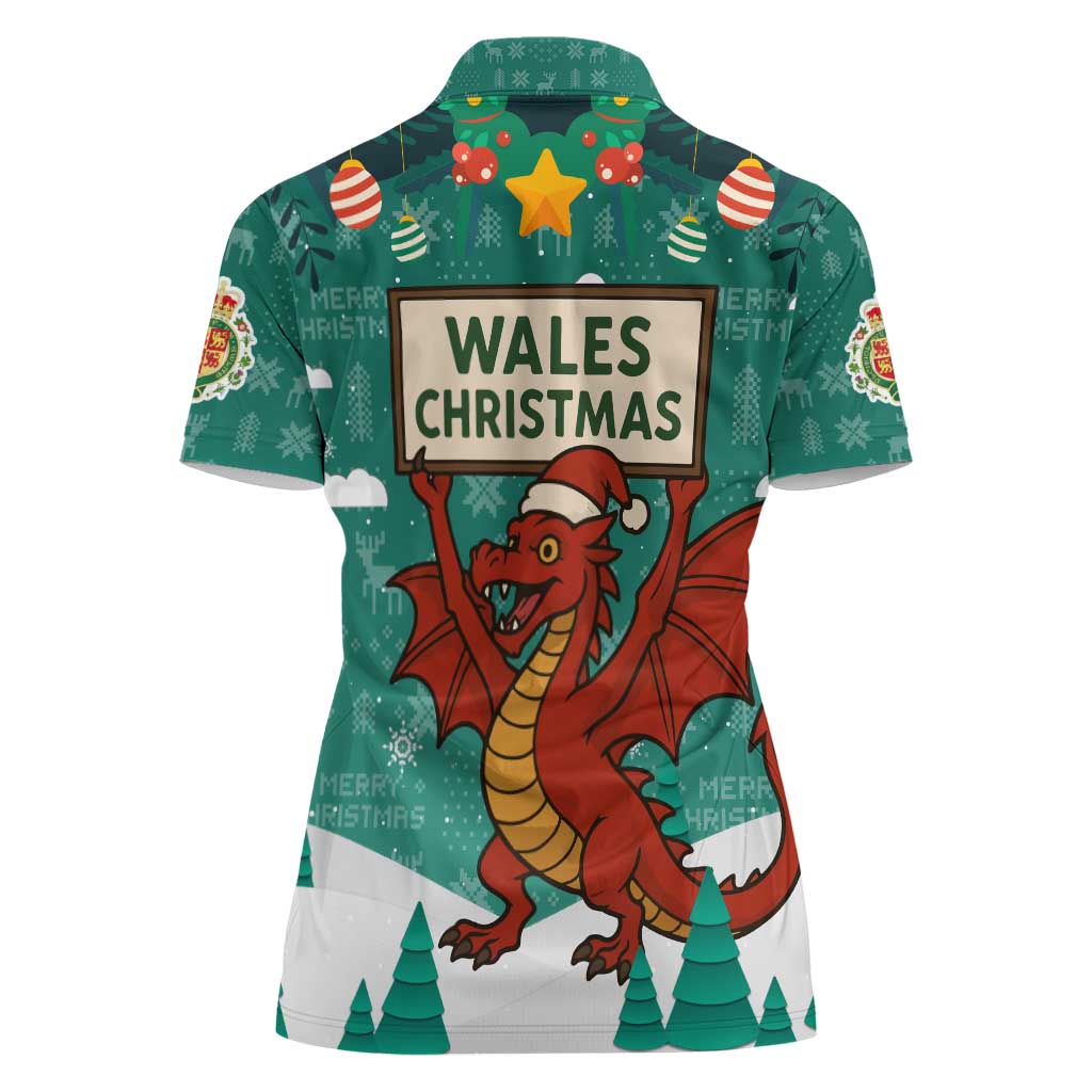 Wales Christmas Women Polo Shirt with Red Dragon Santa Sleigh and Festive Green Snowflake - Wonder Print Shop