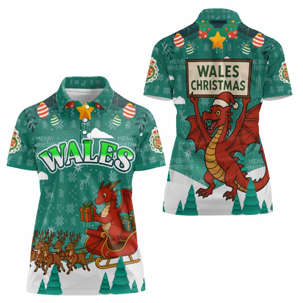 Wales Christmas Women Polo Shirt with Red Dragon Santa Sleigh and Festive Green Snowflake - Wonder Print Shop
