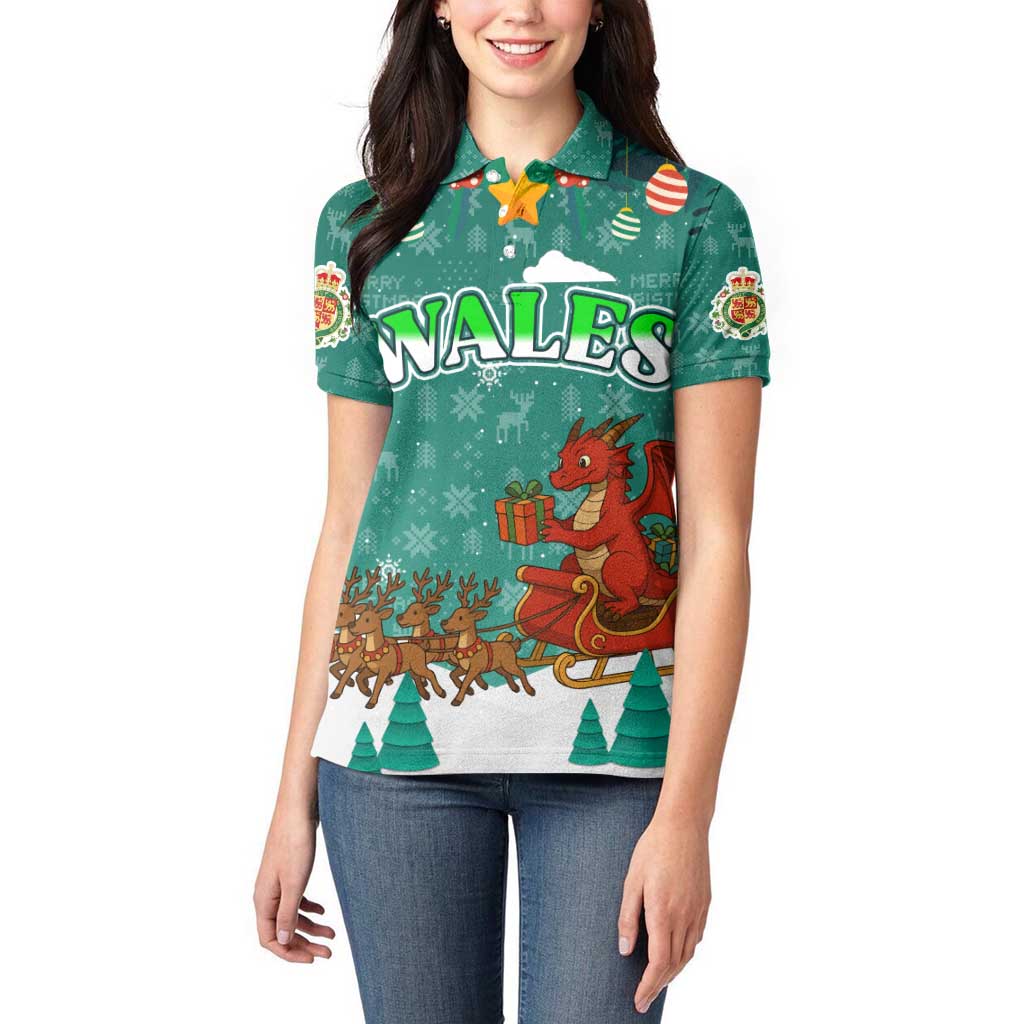 Wales Christmas Women Polo Shirt with Red Dragon Santa Sleigh and Festive Green Snowflake - Wonder Print Shop