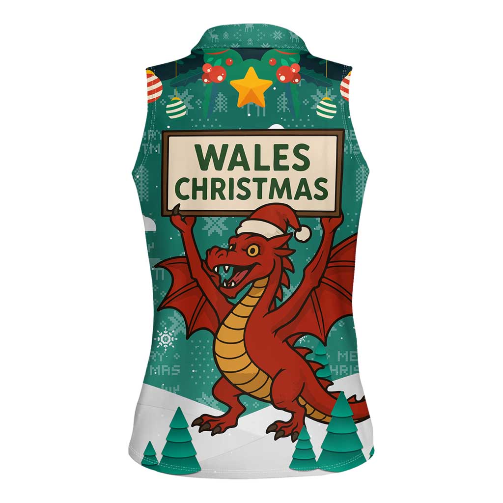 Wales Christmas Women Sleeveless Polo Shirt with Red Dragon Santa Sleigh and Festive Green Snowflake - Wonder Print Shop