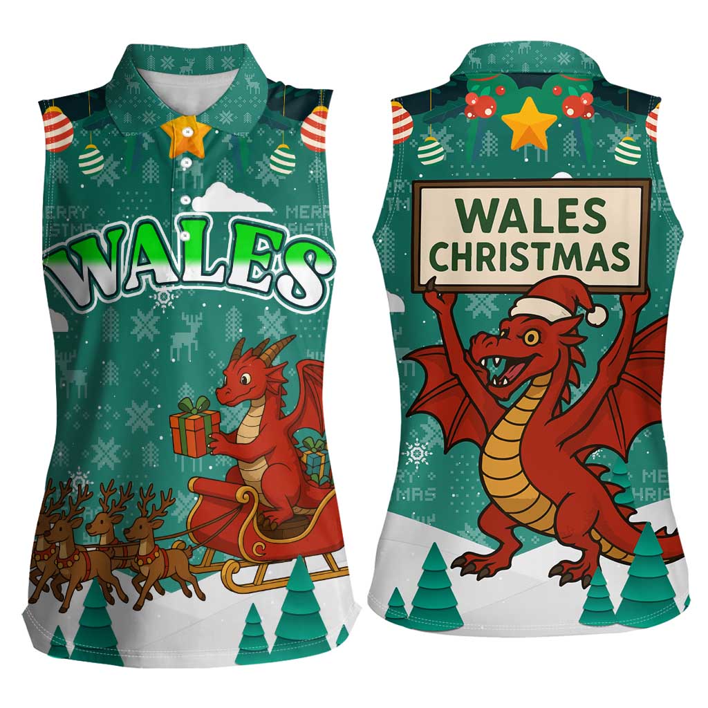 Wales Christmas Women Sleeveless Polo Shirt with Red Dragon Santa Sleigh and Festive Green Snowflake - Wonder Print Shop