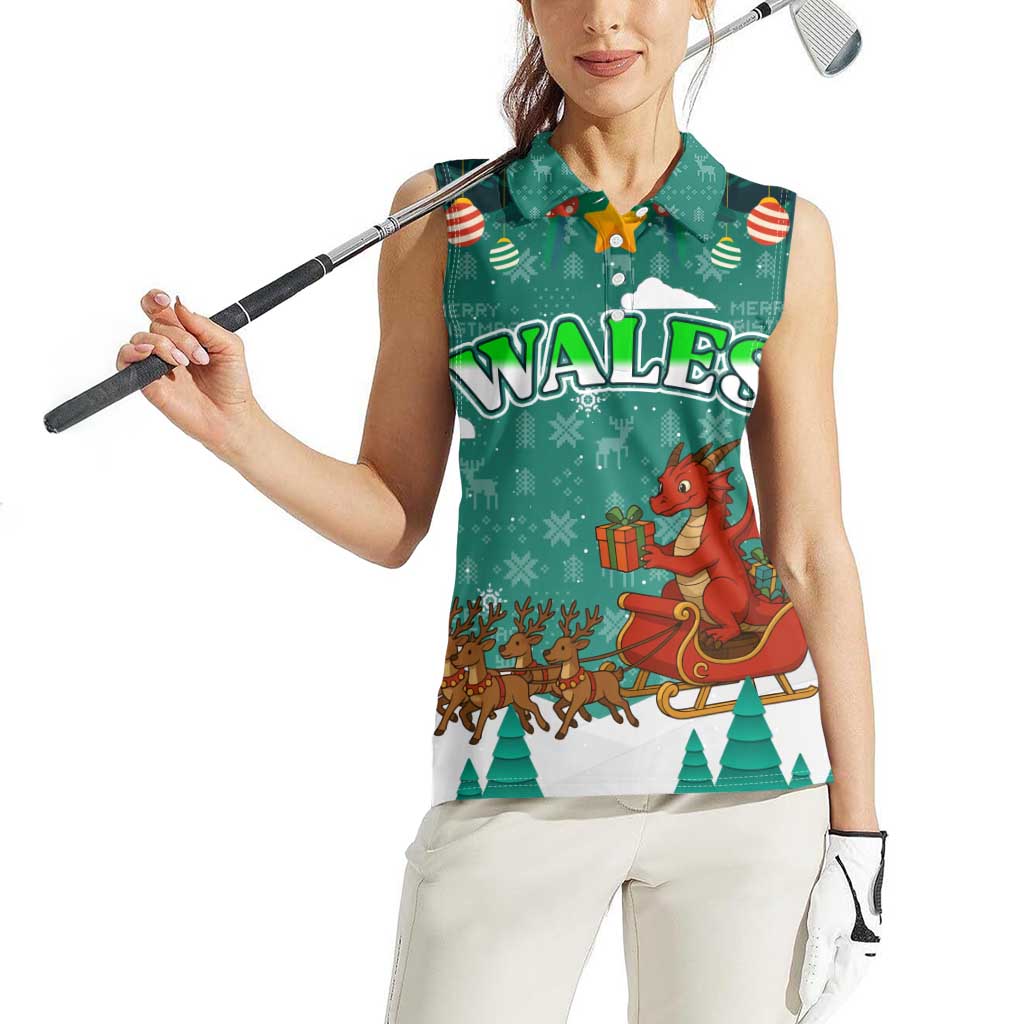 Wales Christmas Women Sleeveless Polo Shirt with Red Dragon Santa Sleigh and Festive Green Snowflake - Wonder Print Shop
