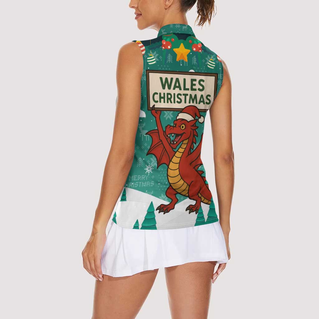 Wales Christmas Women Sleeveless Polo Shirt with Red Dragon Santa Sleigh and Festive Green Snowflake - Wonder Print Shop
