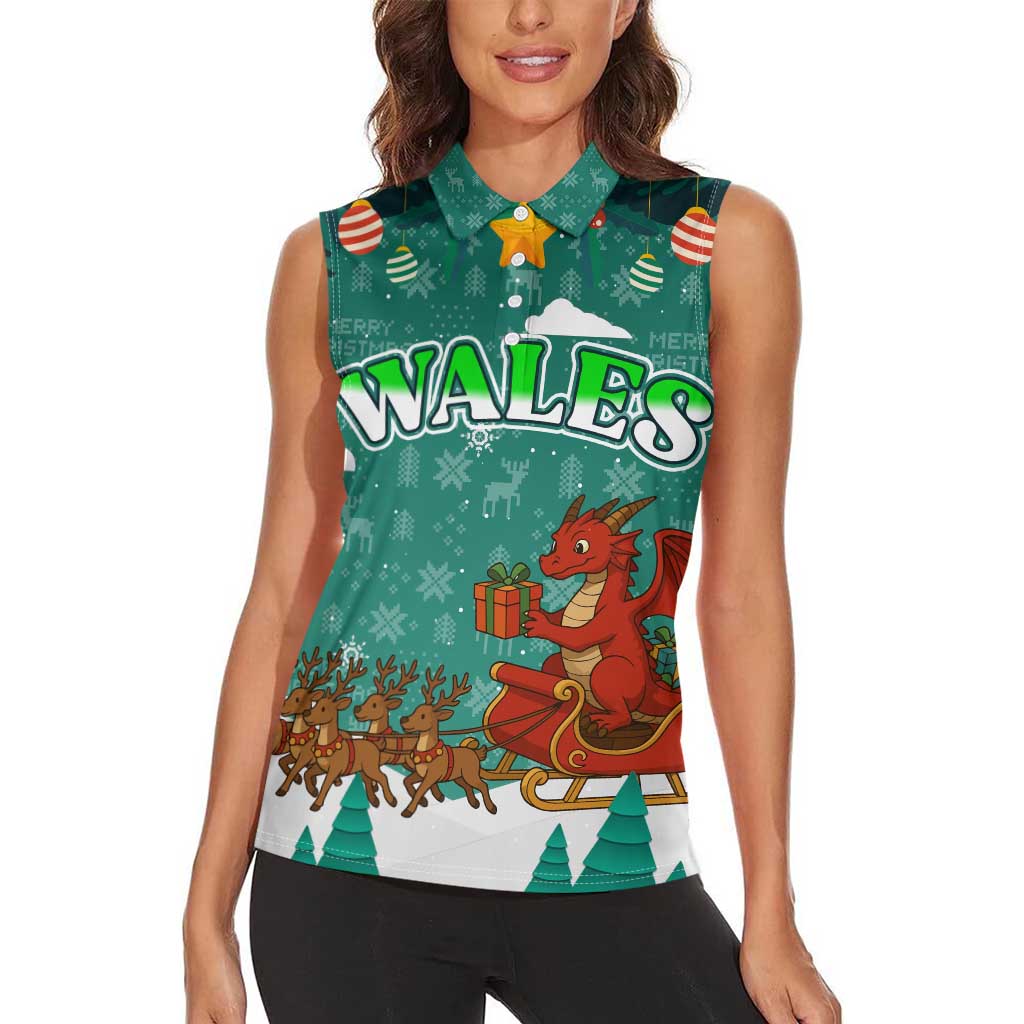 Wales Christmas Women Sleeveless Polo Shirt with Red Dragon Santa Sleigh and Festive Green Snowflake - Wonder Print Shop