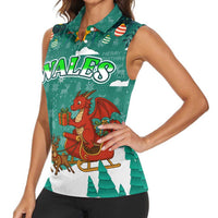 Wales Christmas Women Sleeveless Polo Shirt with Red Dragon Santa Sleigh and Festive Green Snowflake - Wonder Print Shop