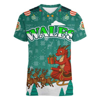Wales Christmas Women V-Neck T-Shirt with Red Dragon Santa Sleigh and Festive Green Snowflake - Wonder Print Shop