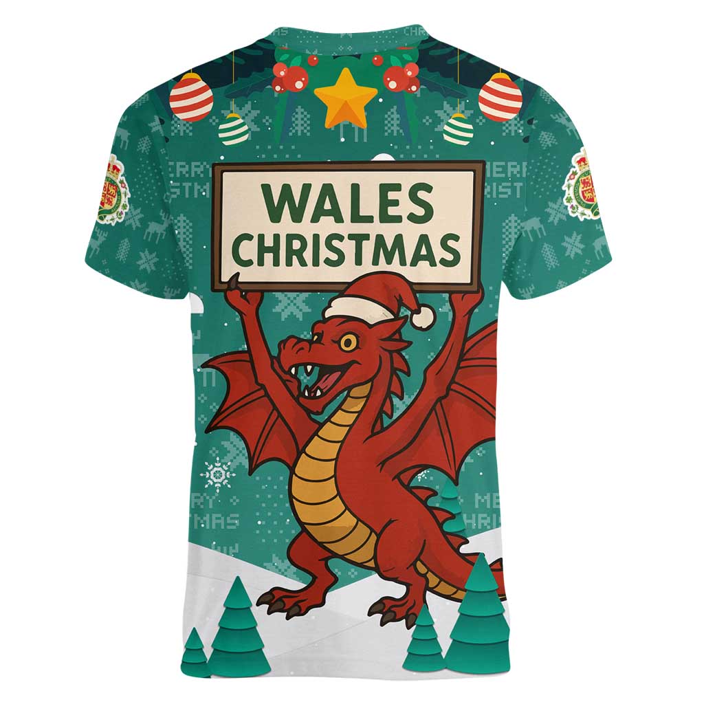 Wales Christmas Women V-Neck T-Shirt with Red Dragon Santa Sleigh and Festive Green Snowflake - Wonder Print Shop