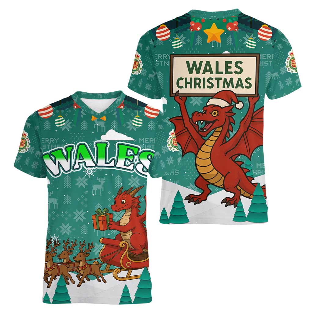 Wales Christmas Women V-Neck T-Shirt with Red Dragon Santa Sleigh and Festive Green Snowflake - Wonder Print Shop