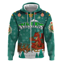 Wales Christmas Zip Hoodie with Red Dragon Santa Sleigh and Festive Green Snowflake - Wonder Print Shop