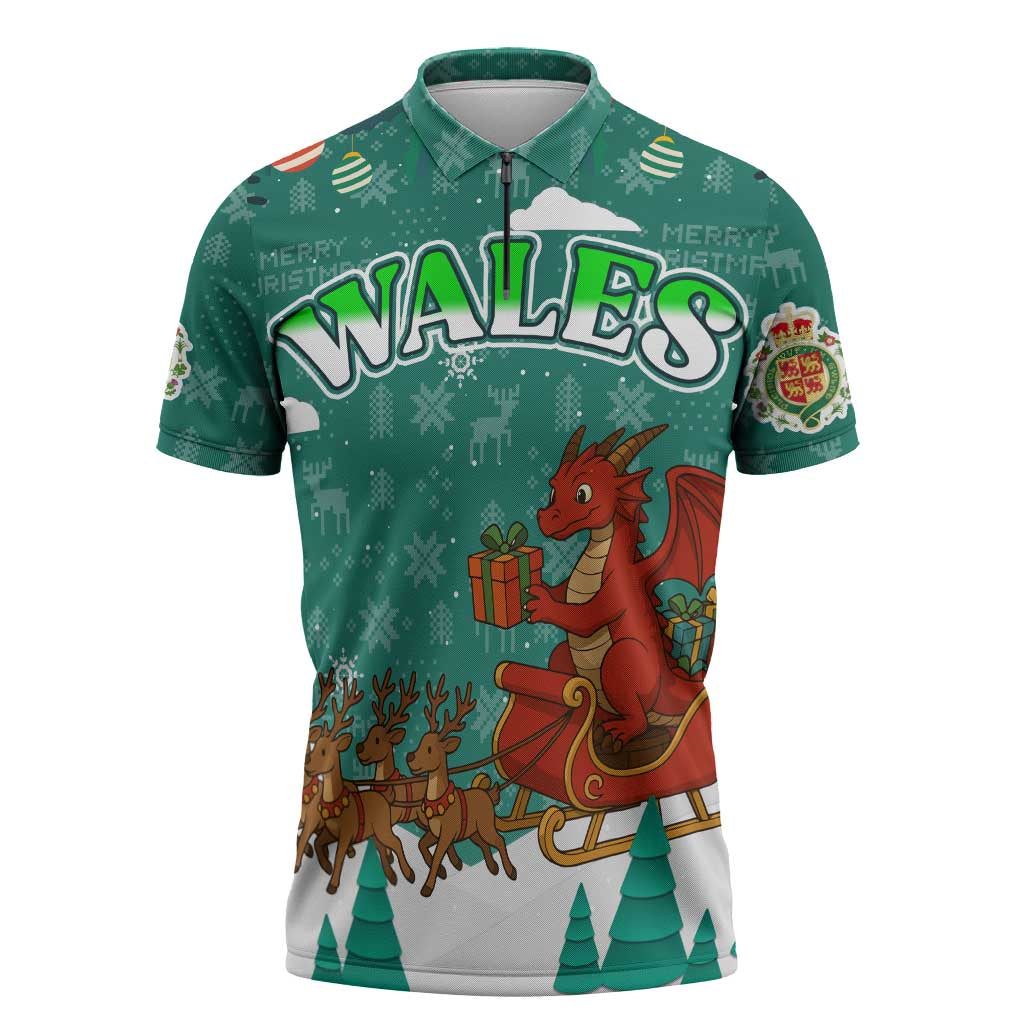 Wales Christmas Zipper Polo Shirt with Red Dragon Santa Sleigh and Festive Green Snowflake - Wonder Print Shop