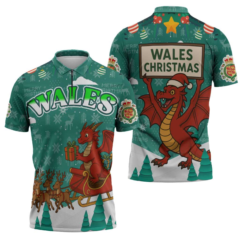 Wales Christmas Zipper Polo Shirt with Red Dragon Santa Sleigh and Festive Green Snowflake - Wonder Print Shop