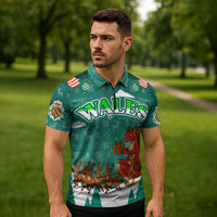 Wales Christmas Zipper Polo Shirt with Red Dragon Santa Sleigh and Festive Green Snowflake - Wonder Print Shop