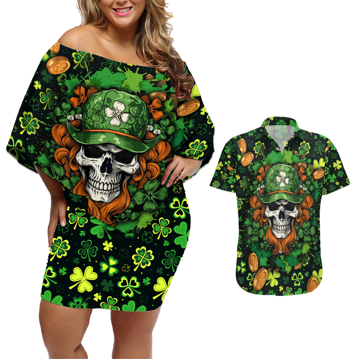Happy St. Patrick's Day Skull Couples Matching Off Shoulder Short Dress and Hawaiian Shirt - Wonder Print Shop