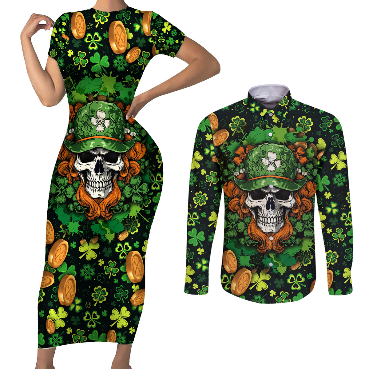 Happy St. Patrick's Day Skull Couples Matching Short Sleeve Bodycon Dress and Long Sleeve Button Shirts - Wonder Print Shop