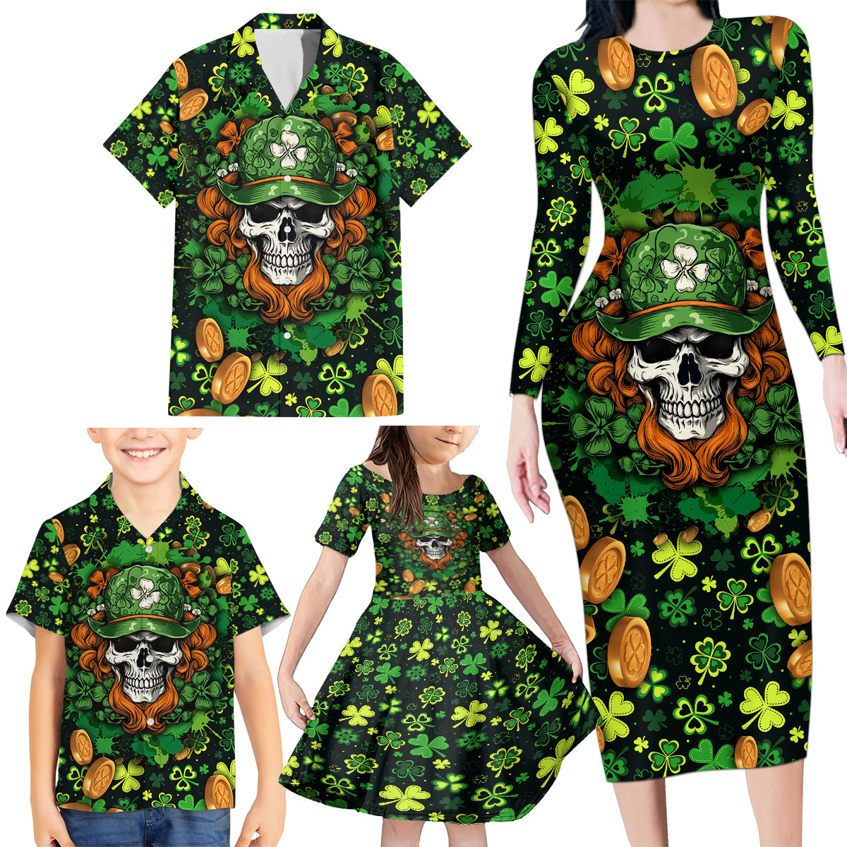 Happy St. Patrick's Day Skull Family Matching Long Sleeve Bodycon Dress and Hawaiian Shirt - Wonder Print Shop