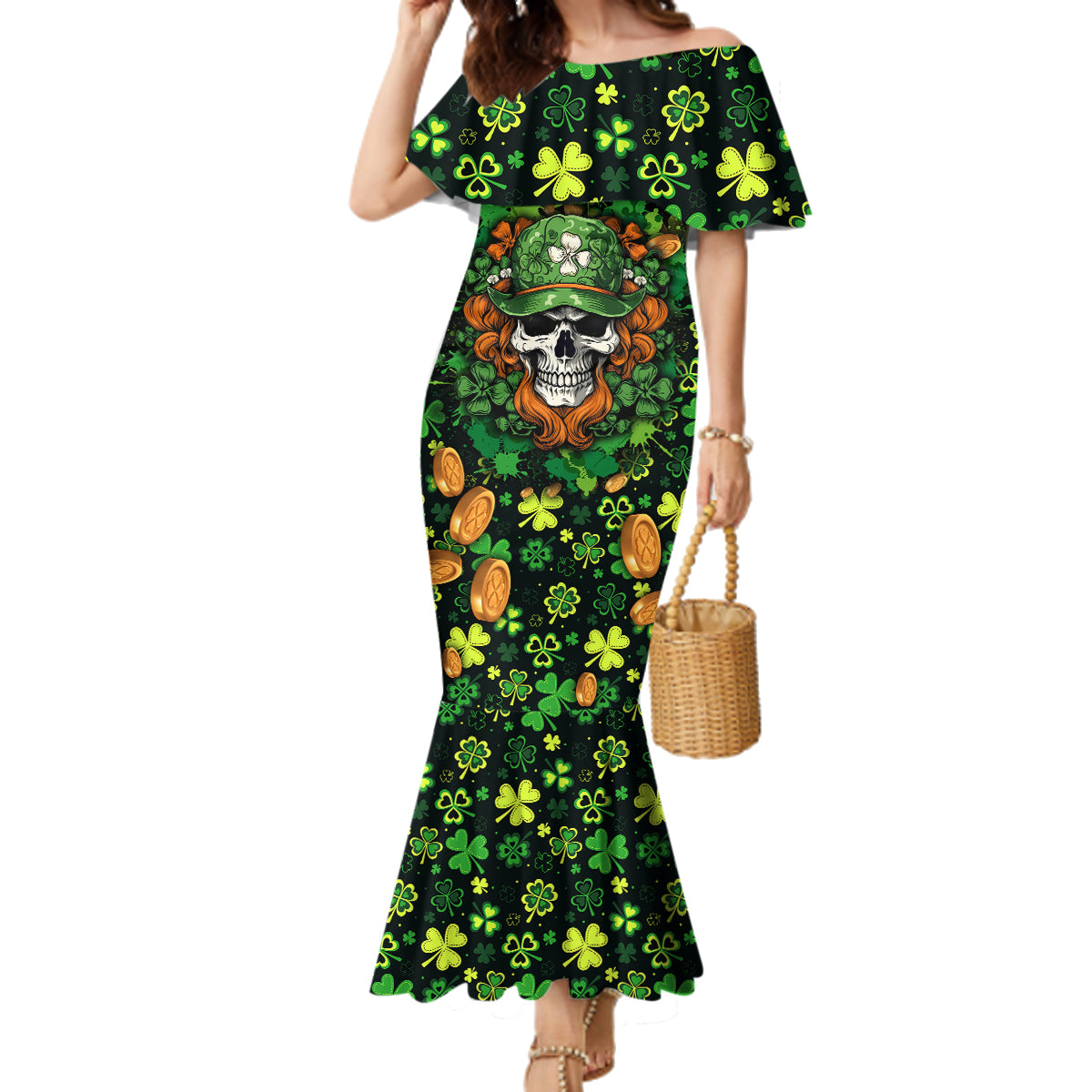 Happy St. Patrick's Day Skull Family Matching Mermaid Dress and Hawaiian Shirt - Wonder Print Shop