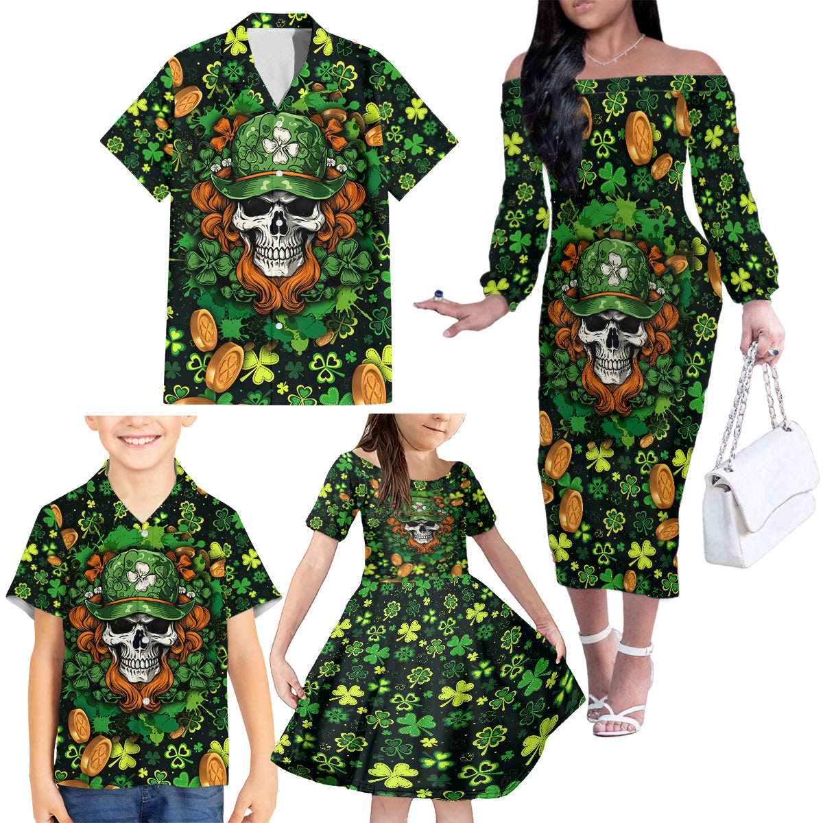 Happy St. Patrick's Day Skull Family Matching Off Shoulder Long Sleeve Dress and Hawaiian Shirt - Wonder Print Shop